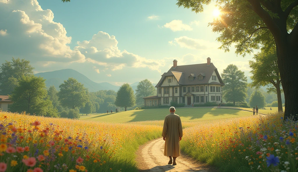 Create a cinematic scene that captures the essence of the verse "Surely goodness and mercy will follow me every day of my life; e habitarei na The Lord's house por longos dias". The image should show a beautiful pastoral landscape, where a path of wildflowers leads to an imposing country house, symbolizing the "The Lord's house". The sunlight should shine gently through white clouds, creating a welcoming and serene environment.

In the foreground, a central figure, a man or woman of serene appearance, walking calmly along the path, with a look of peace and gratitude. Around her, subtle representations of kindness and mercy can be seen: some children playing, an elderly person being helped by a young person, and animals in harmony. Ao fundo, the house is surrounded by fruit trees, symbolizing thebundância e vida.

The scene should convey a sense of hope, Love and protection, reflecting the message that kindness and mercy are always present throughout life's journey. The color palette should be soft, com tons de verde, blue and gold, evoking a feeling of tranquility and spirituality.