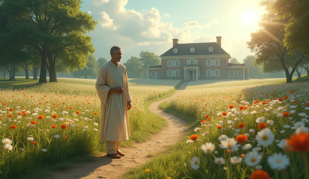 Create a cinematic scene that captures the essence of the verse "Surely goodness and mercy will follow me every day of my life; e habitarei na The Lord's house por longos dias". The image should show a beautiful pastoral landscape, where a path of wildflowers leads to an imposing country house, symbolizing the "The Lord's house". The sunlight should shine gently through white clouds, creating a welcoming and serene environment.

In the foreground, a central figure, a man or woman of serene appearance, walking calmly along the path, with a look of peace and gratitude. Around her, subtle representations of kindness and mercy can be seen: some children playing, an elderly person being helped by a young person, and animals in harmony. Ao fundo, the house is surrounded by fruit trees, symbolizing thebundância e vida.

The scene should convey a sense of hope, Love and protection, reflecting the message that kindness and mercy are always present throughout life's journey. The color palette should be soft, com tons de verde, blue and gold, evoking a feeling of tranquility and spirituality.