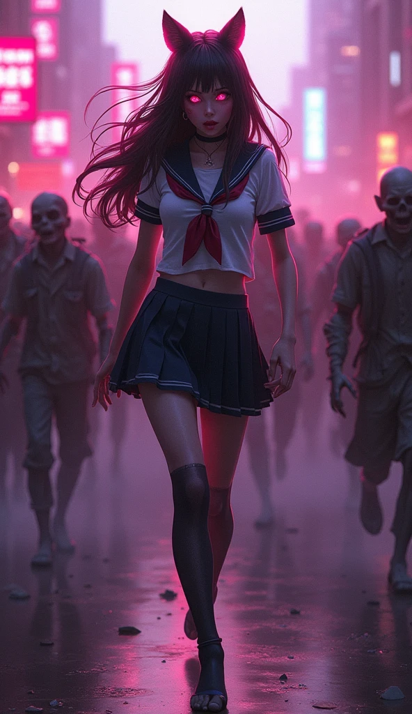photorealistic,Realistic illustration in Modelshoot style,((masterpiece)),((The best quality)),((Ultra Quality)),((ultra detailed)),((1girl long white hair)),((Only)),((waifu:1.5)),Perfect anatomy,perfect hands,beautiful cuerpo,beautiful_method,ulzzang-6500-v1,e-chica,((Exceptionally Beauty Waifu Princess Tifa Lockhart running terrified in a devastated city being chased by a group of horrible and scary zombies)),(((zombis,A crowd of horrible and terrifying zombies watching and running after her piled up with each other to catch up with her...))),in a cosplay,wet clothes,Woman body set big breasts, ((Wolf Ears)), ((Sexy School Girl Uniform, Sailor Miniskirt, Pantyhose, High Heels)),((bright-pink_eyes)),long wavy hair, ((white hair)),hair clips,eyeliner,cute makeup,lipstick,Glossy lipstick,with a look of terror, worry and sadness,((eyes detallados perfectos)),rainy with fog outside,evening,pink theme,bioluminiscencia,light particles,((Extremely CG Unity 8K Wallpaper)),((cinematic lighting,Best quality lights)),intricate details,Suave,sharp focus,Extremely beautiful and aesthetic,Octane rendering,Full length portrait,damp skin,((Perfect detailed body)),