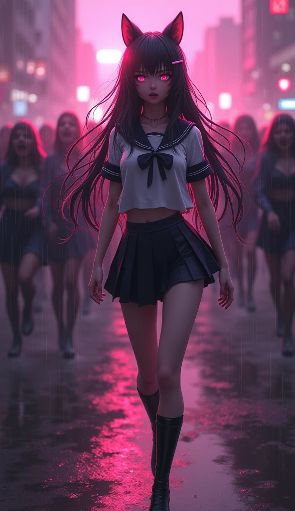 photorealistic,Realistic illustration in Modelshoot style,((masterpiece)),((The best quality)),((Ultra Quality)),((ultra detailed)),((1girl long white hair)),((Only)),((waifu:1.5)),Perfect ???????,perfect hands,beautiful cuerpo,beautiful_method,ulzzang-6500-v1,e-chica,((Exceptionally Beauty Waifu Princess Tifa Lockhart running terrified in a devastated city being chased by a group of horrible and scary zombies)),(((zombis,A crowd of horrible and terrifying zombies watching and running after her piled up with each other to catch up with her...))),in a cosplay,wet clothes,Woman body set big breasts, ((Wolf Ears)), ((Sexy School Girl Uniform, Sailor Miniskirt, Pantyhose, High Heels)),((bright-pink_eyes)),long wavy hair, ((white hair)),hair clips,eyeliner,cute makeup,lipstick,Glossy lipstick,with a look of terror, worry and sadness,((eyes detallados perfectos)),rainy with fog outside,evening,pink theme,bioluminiscencia,light particles,((Extremely CG Unity 8K Wallpaper)),((cinematic lighting,Best quality lights)),intricate details,Suave,sharp focus,Extremely beautiful and aesthetic,Octane rendering,Full length portrait,damp skin,((Perfect detailed body)),