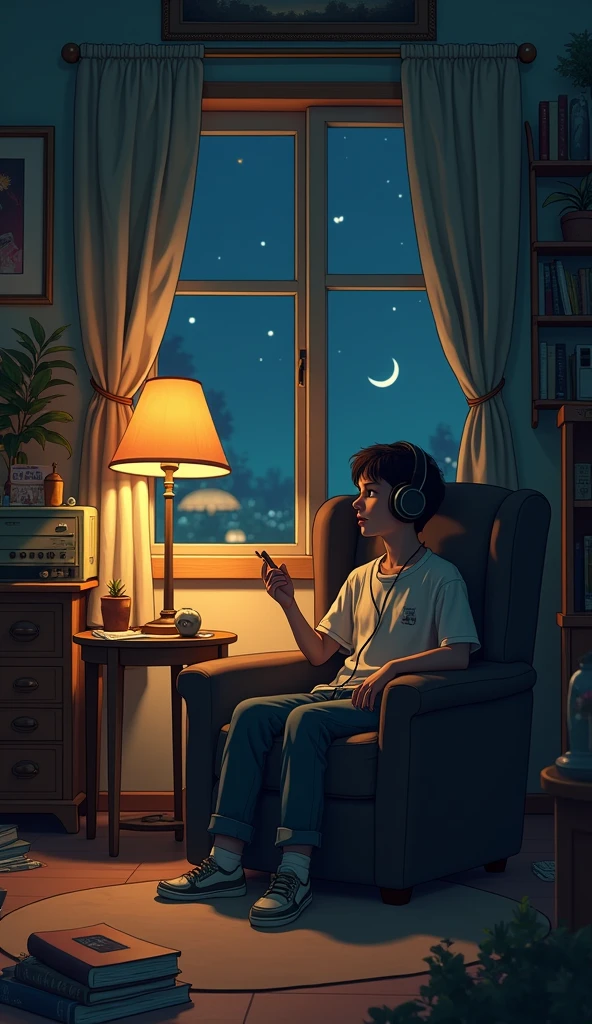 night、Listen to music in a cozy room, Using headphones, 2D-style animation, Lo-Fi, High resolution, Dark Environment、Ghibli