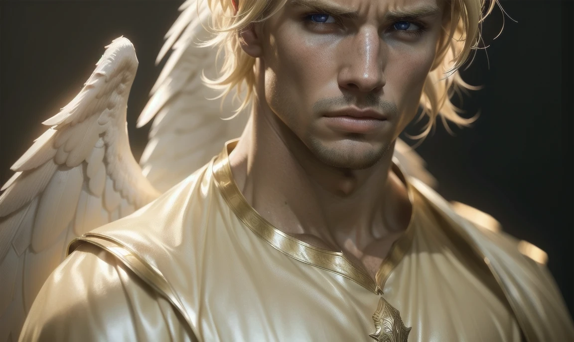 [((highly detailed, detailed eyes, detailed face, clear and realistic facial features, photorealistic, realistic light, cinematic)), (1 man), (((((Gorgeous perfect sexy powerful masculine male angel))))), (((two large white wings coming from his back))), ((faint halo)), ((((short blond hair, pale eyes)))), ((35 years old)), ((wearing flattering gauzy angelic clothes)), (((aura of divine power))), standing in a cozy apartment at nighttime, ((light blush)), ((imposing powerful pose)), (((wearing an annoyed expression)))]