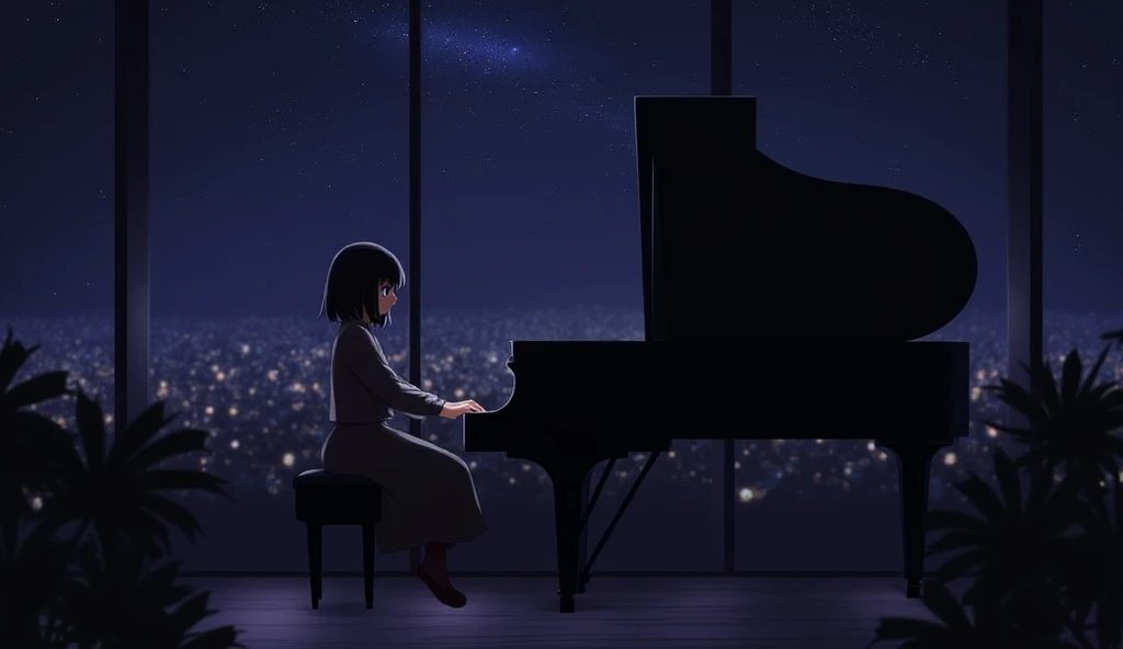 LOFI,night、record、indirect lighting、JAZZ、Anime Style、Grand piano、record、