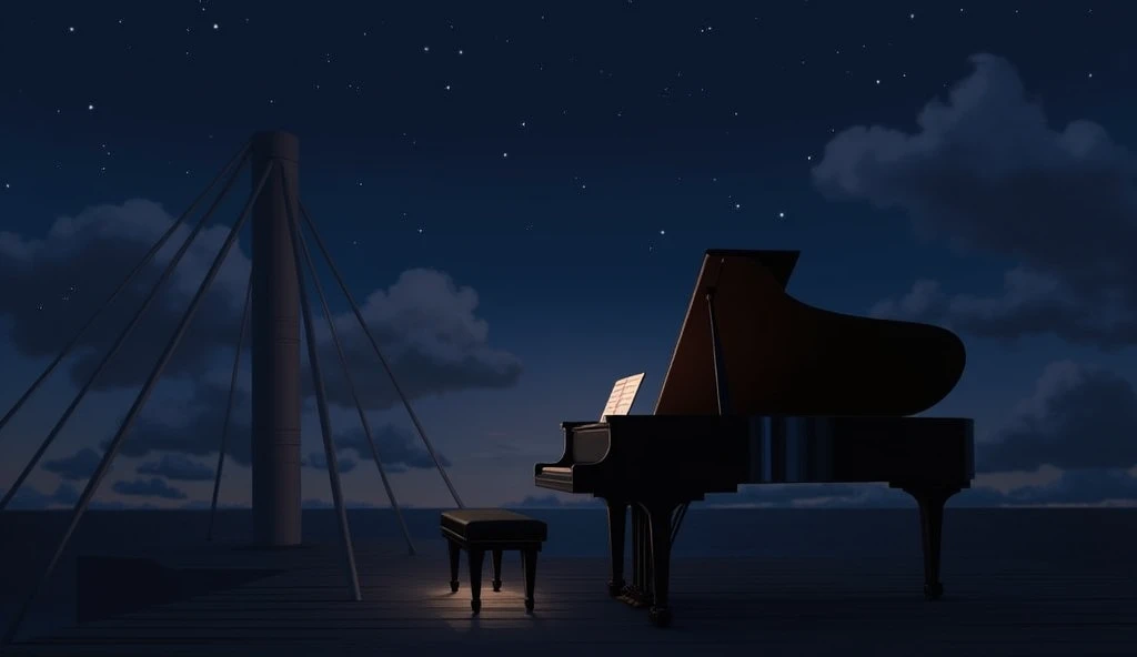 LOFI,night、record、indirect lighting、JAZZ、Anime Style、Grand piano、record、