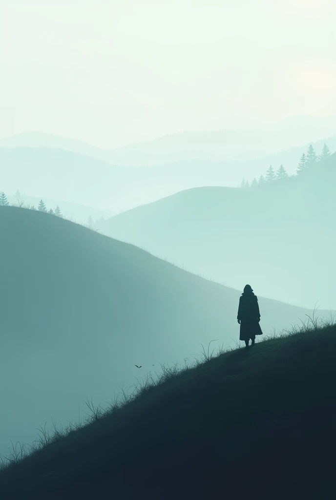 a chain of rolling hills，Mist，Amidst the mist，only the tops of the nearby hills and the silhouettes of distant trees are visible，In the foreground，a solitary figure is walking along the ridge line，the overall image conveys a sense of tranquility and mystery,