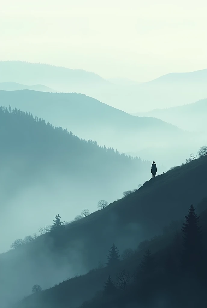 a chain of rolling hills,Mist,Amidst the mist,only the tops of the nearby hills and the silhouettes of distant trees are visible,In the foreground,a solitary figure is walking along the ridge line,the overall image conveys a sense of tranquility and mystery,