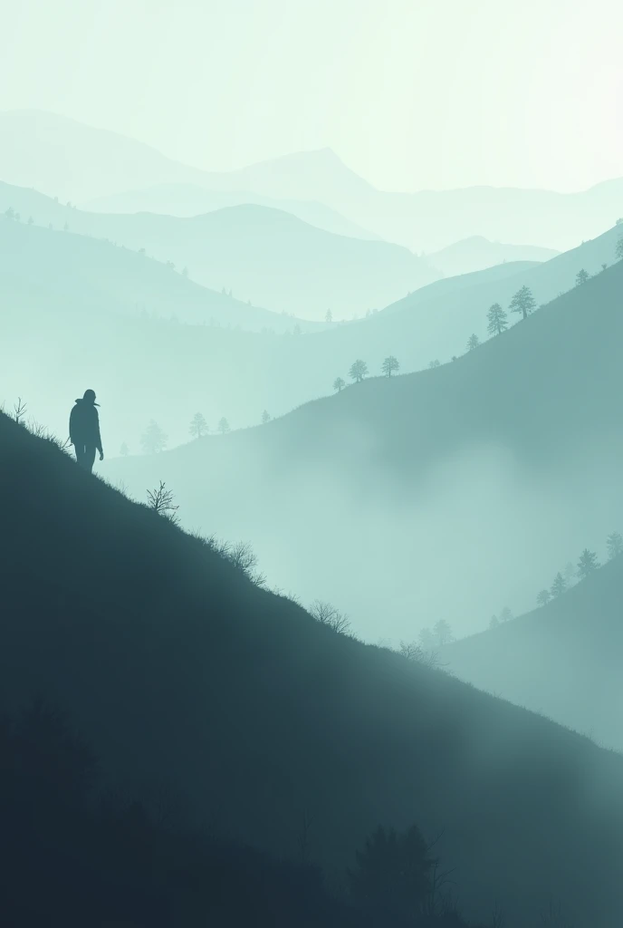 a chain of rolling hills,Mist,Amidst the mist,only the tops of the nearby hills and the silhouettes of distant trees are visible,In the foreground,a solitary figure is walking along the ridge line,the overall image conveys a sense of tranquility and mystery,