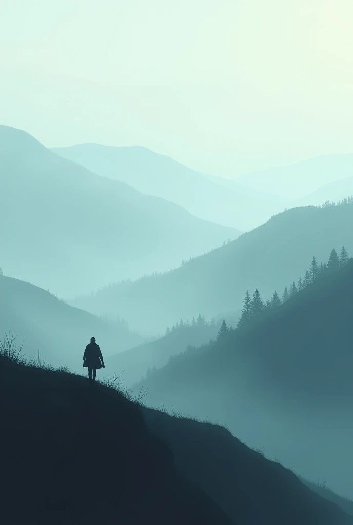 a chain of rolling hills，Mist，Amidst the mist，only the tops of the nearby hills and the silhouettes of distant trees are visible，In the foreground，a solitary figure is walking along the ridge line，the overall image conveys a sense of tranquility and mystery,