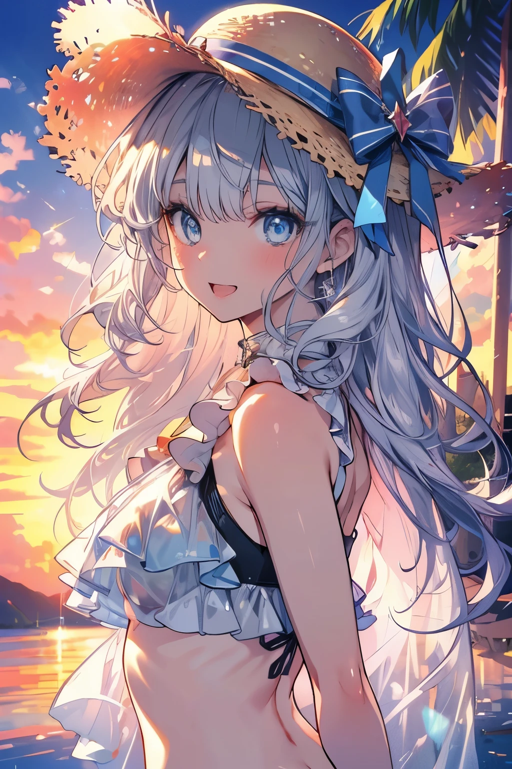 (Best quality,4K,8K,High resolution,Masterpiece:1.2),Super detailed,(Actual, Realistic),highly detailed, top quality, soft skin,Portrait,
break,
((clear blue eyes:1.3)),very kind eyes,eyes wide open,beautiful eyelashes,beautiful lower eyelashes,
break,
((Beautiful and shiny silver hair:1.3)),A dazzling smile, a bursting smile, an open mouth laugh,
break,
very happily,
break,
flowered straw hat,((Frilled Bikini)),
break,
(beach), (sunset), evening, masterpiece,perfect lighting, perfect outfit, perfect anatomy, perfect eyes, perfect face, clear resolution