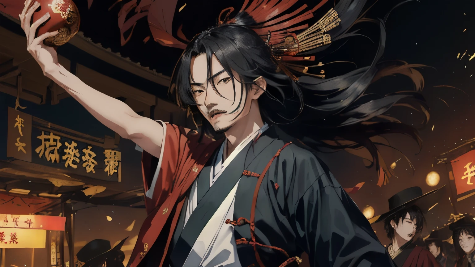 A young Oda Nobunaga, portrayed as a "madman" or eccentric youth, engaging in unconventional behavior. He is seen in a lively setting, perhaps a festival or in nature, with onlookers reacting with surprise and confusion to his strange antics.