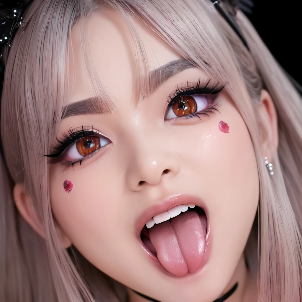 Ahegao,,Sticking out tongue,Long Tongue,))((Realistic eyelashes with attention to detail))((Ahegao, Drooling, Saliva trace, Long Tongue, Face to face,