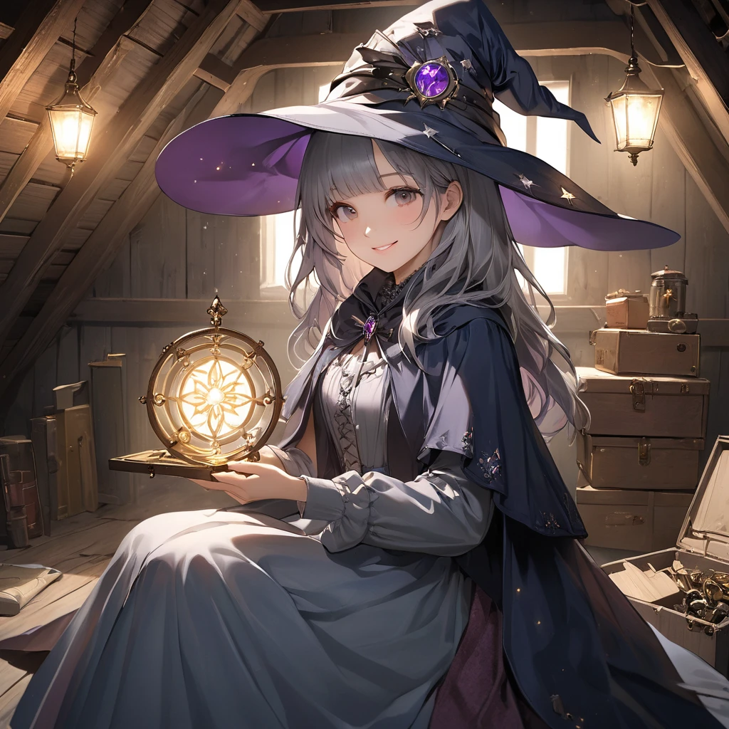 (Digital Art:0.2),(Highest quality),(masterpiece),(The apprentice witch finds a shining key inside the box.),(alone),((Old attic)),Delicately painted face,She had a beautiful face.,Beautiful attention to detail,Gray witch's dress,((Gray witch's hat)),(Beautiful silky silver hair:1.2),smile,Cinema Lighting,Wide Shot