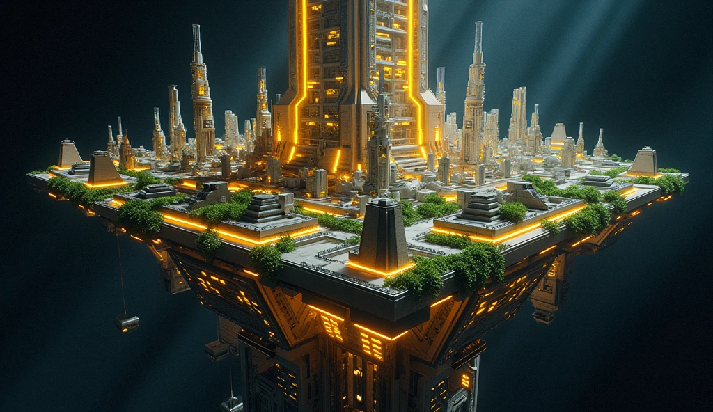 big scifi city on space cube station, above on the black space, yellow futuristic city, hologram, LED lighting on scifi building, green plant on building of city, 8K, full HD, 3d render, Unreal Engine, Octance Render
