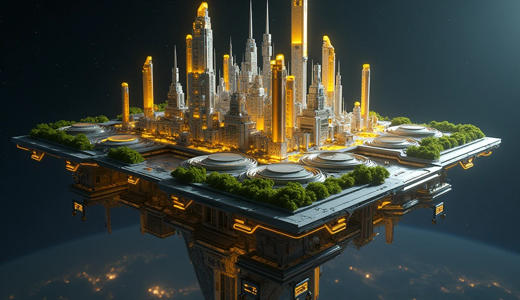 big scifi city on space cube station, above on the black space, yellow futuristic city, hologram, LED lighting on scifi building, green plant on building of city, 8K, full HD, 3d render, Unreal Engine, Octance Render