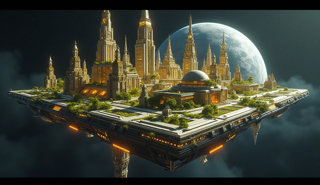 big scifi city on space cube station, above on the black space, yellow futuristic city, hologram, LED lighting on scifi building, green plant on building of city, 8K, full HD, 3d render, Unreal Engine, Octance Render