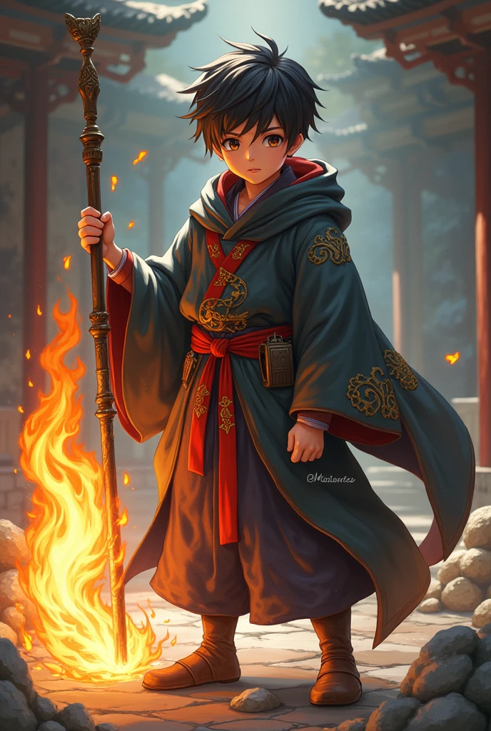 ((best quality)), ((masterpiece)), (detailed), 1 boy, cloak, monk,Use Fire,Japanese Anime,game,Use a staff,Leather