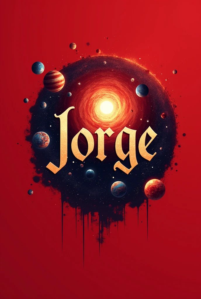 A logo with the name Jorge in letter font with a red background, a lot of universes and black holes. 