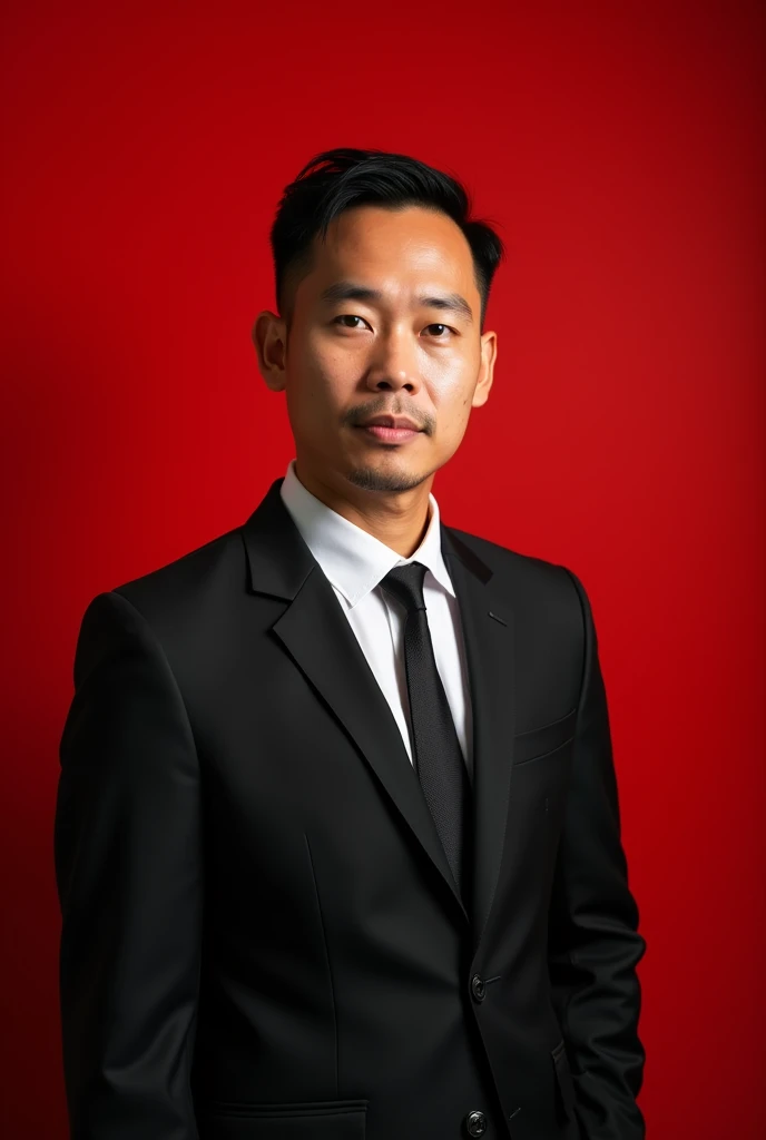A professional potrait of a indonesian man 40 years old , short hair , wearing black suit , white shirt , black tie , he looking against a solid red background , looking directly at the camera wiht a neutral expression , simetris , the lighthing is even , highlighthing the formak and clean appearance of the subject