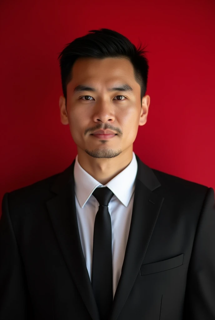 A professional potrait of a indonesian man 40 years old , short hair , wearing black suit , white shirt , black tie , he looking against a solid red background , looking directly at the camera wiht a neutral expression , simetris , the lighthing is even , highlighthing the formak and clean appearance of the subject