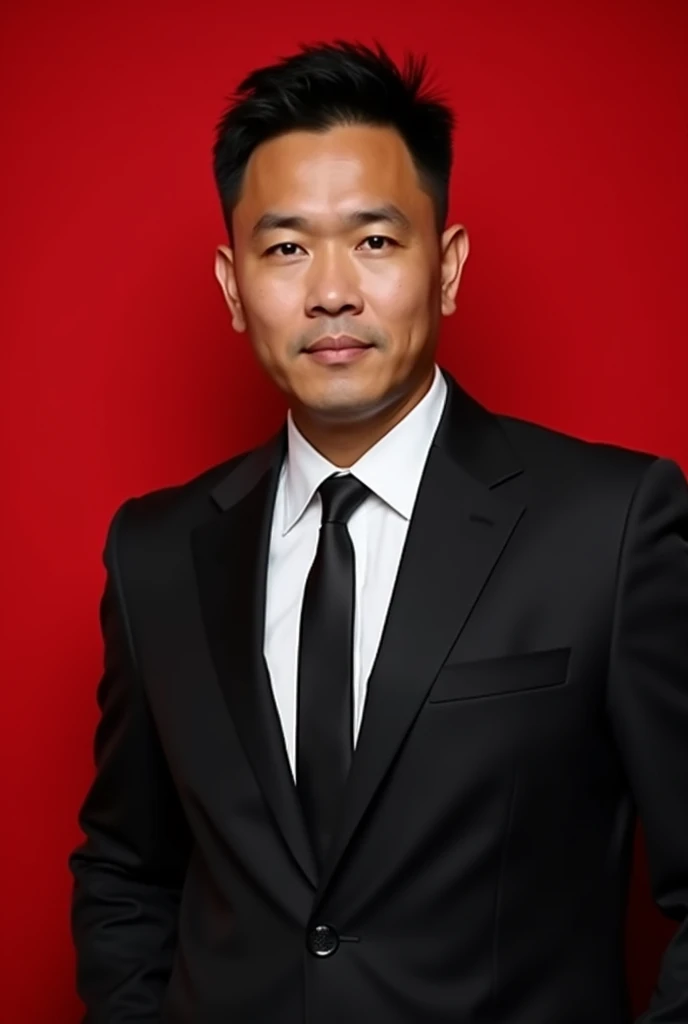 A professional potrait of a indonesian man 40 years old , short hair , wearing black suit , white shirt , black tie , he looking against a solid red background , looking directly at the camera wiht a neutral expression , simetris , the lighthing is even , highlighthing the formak and clean appearance of the subject