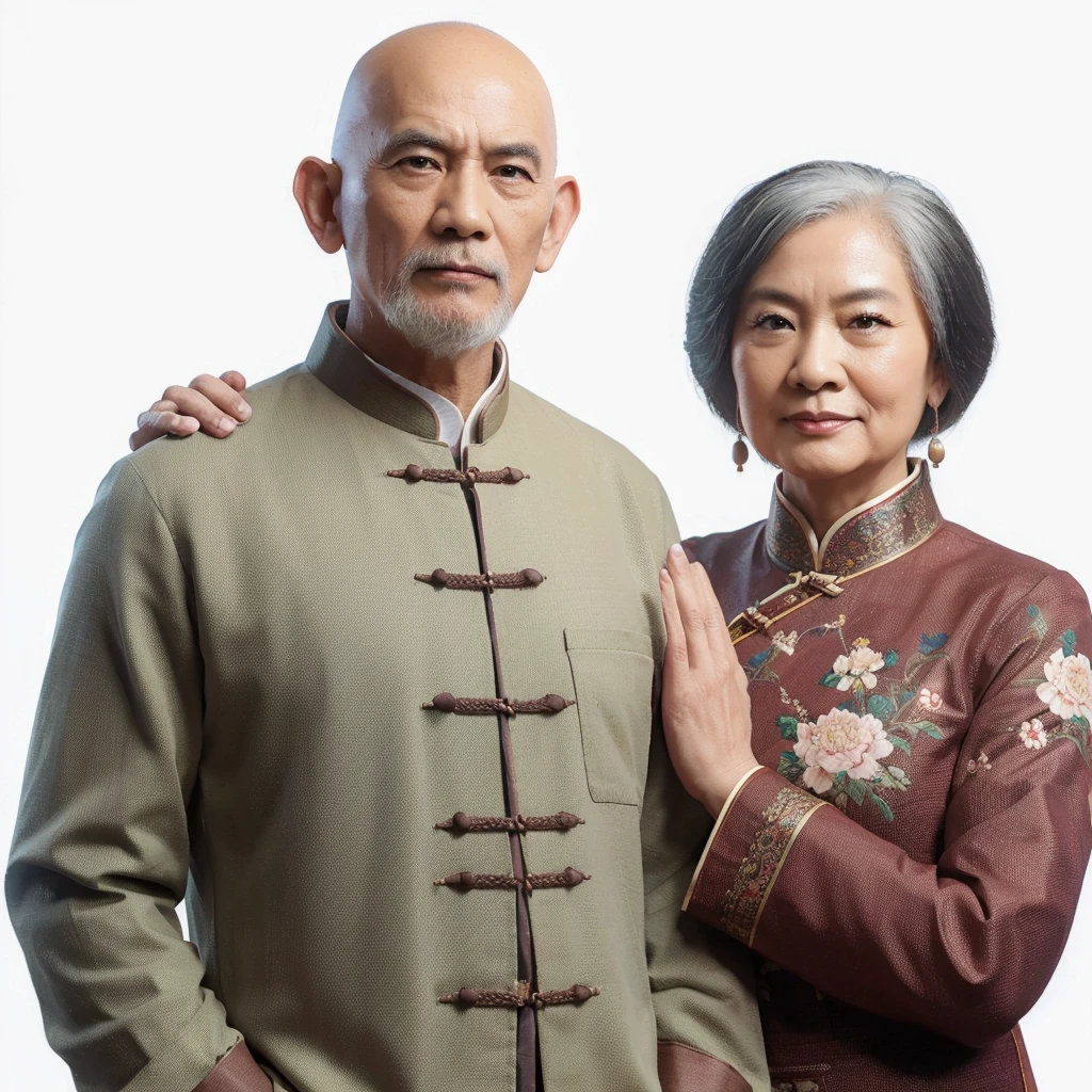 Studio realistic 3D photo, a 70 year old man, bald head, Chinese ethnicity, broad shoulders, wearing typical Chinese clothes, standing next to a 70 year old woman, Chinese ethnicity, wearing typical Chinese clothes. white background.