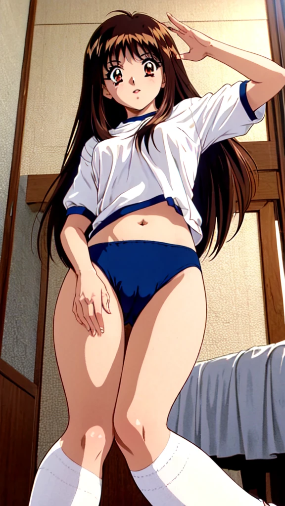 Yuuki Mizuho, One person, alone, Long Hair, hair band, Brown Hair, (gym uniform,(blue brown:1.2), (white shirt, short sleeves:1.2), thighs:1.3),(navel:1.3),(cameltoe:1.1),large breasts, It's not a leotard., Open your mouth, blush, Lips parted, liar, locker room, On the bed, on all fours, To the audience, From below, retro artstyle,White knee socks, sneakers, 1990s (style), expensive quality, very_expensive_solve, big_file size, Full Color, nsfw, (Accurate fingertips, Browse 4, Thumb 1),