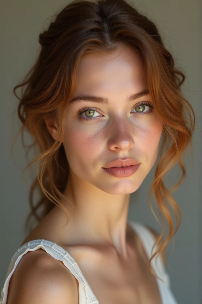 young French woman with green brown eyes, 21 years old real