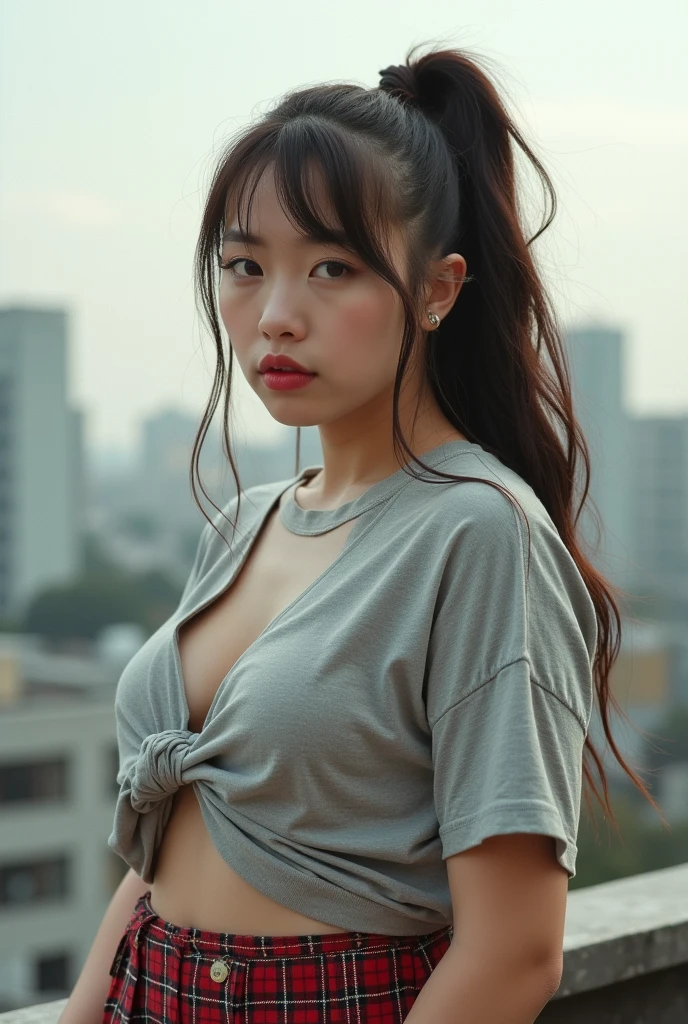 analog film photo, photo of a young punk woman, amber eyes, layered emo ponytail, tan complexion, Japanese ethnicity, tall stature, curvy, voluptuous hourglass figure, busty bosom, full wide hips, plump round buttocks, wearing a a knotted t-shirt and a plaid skirt, posing on a Tokyo rooftop, RAW Photograph, dslr, soft lighting, high quality, film grain, Fujifilm XT3, detailed skin with visible pores, insane details, masterpiece, 8k, 35mm photograph, dslr, kodachrome, faded film, desaturated, grainy, vintage, Lomography, stained, highly detailed, found footage, close-up shot