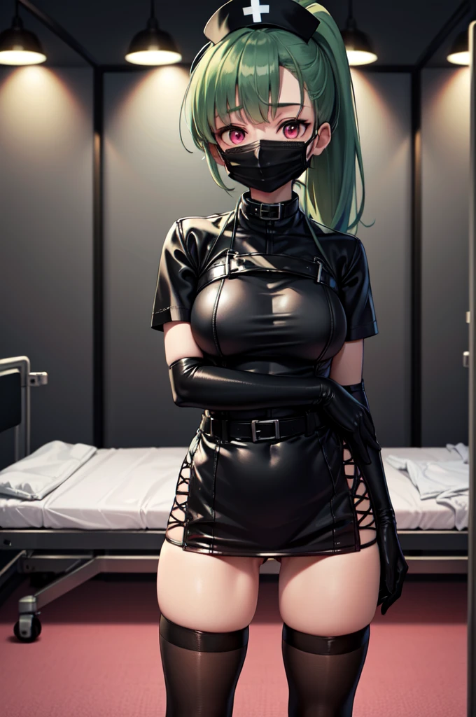 black nurse, 1girl, solo, black nurse cap, black nurse uniform, ((black legwear, zettai ryouiki)), black elbow gloves, ponytail, green hair, pink eyes, ((black surgical mask, covered nose)), standing, ((surgery room)), sharp outline, short sleeves, best quality, masterpiece