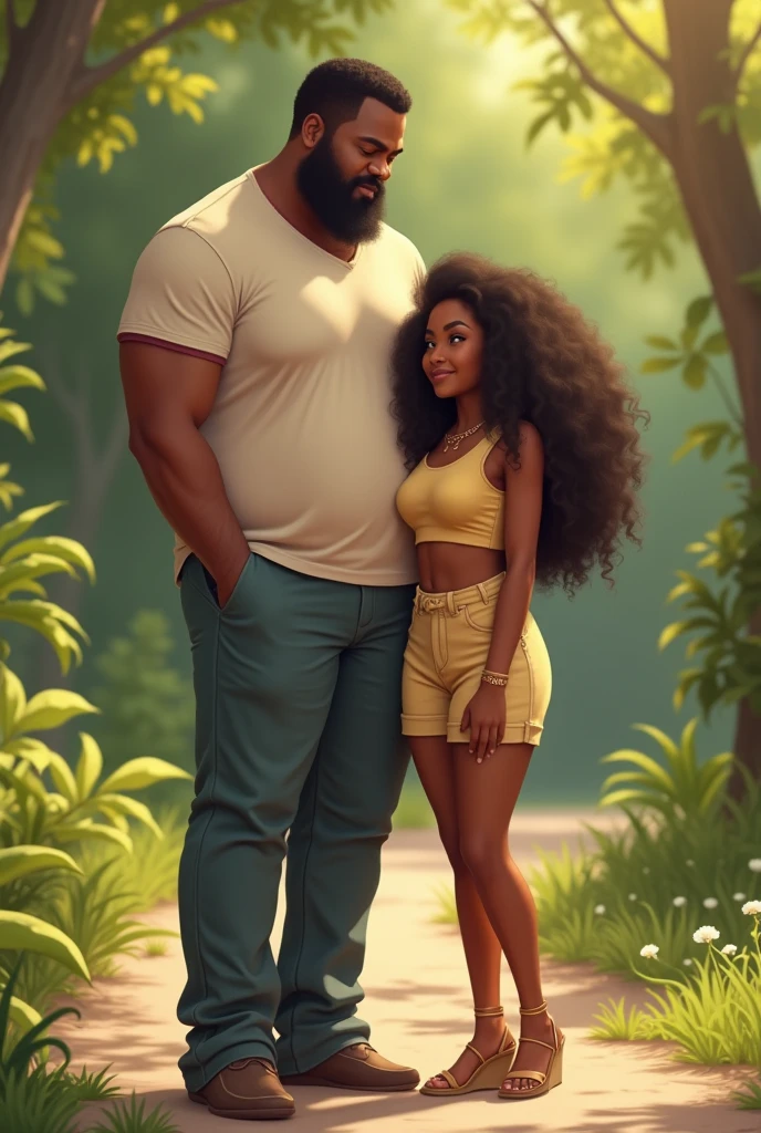 A tiny African American woman with a crop top, long curly hair, and open toe wedges stands next to her father. She is short than him.