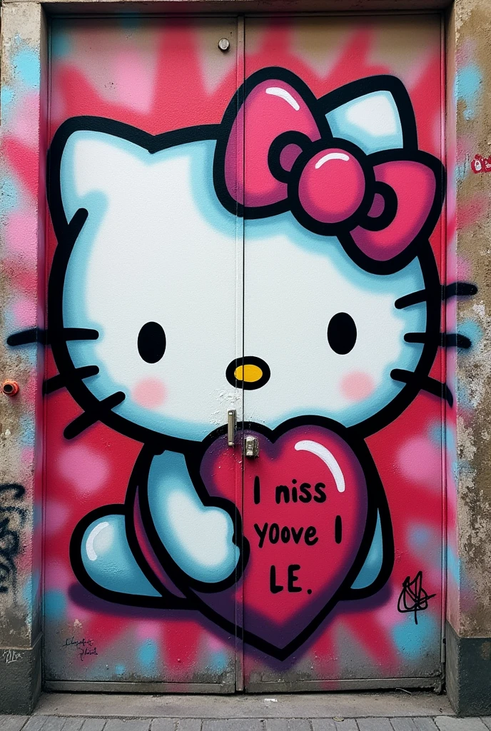 A hello Kitty graffiti that says I miss you I love you 

