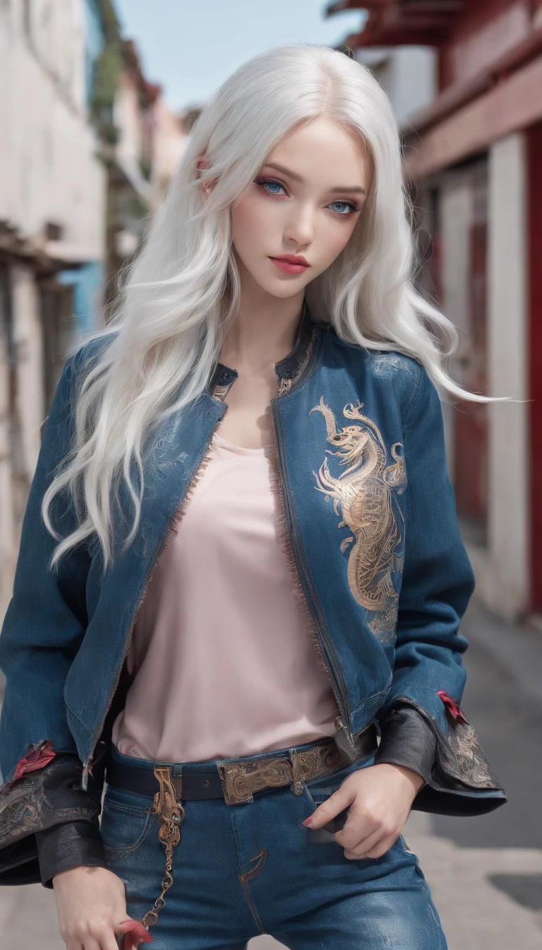 Girl with long white hair and oriental blue eyes, wearing a pair of jeans, a black top and a jacket with a drawing of an oriental dragon, and wearing boots. She smiles with a blush on her face. In the background, the facade of a convenience store, with clotheslines in the windows of the surrounding houses, Italian countryside in 4k