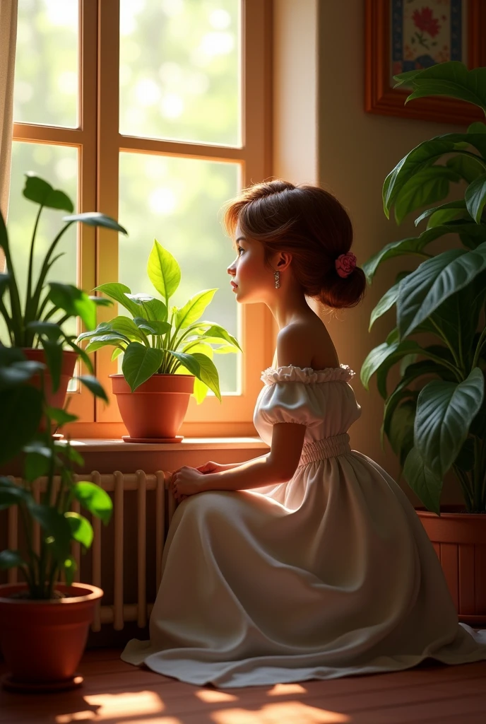 princess fiona sitting beside the window, wondering how life is, cozy room plants in background