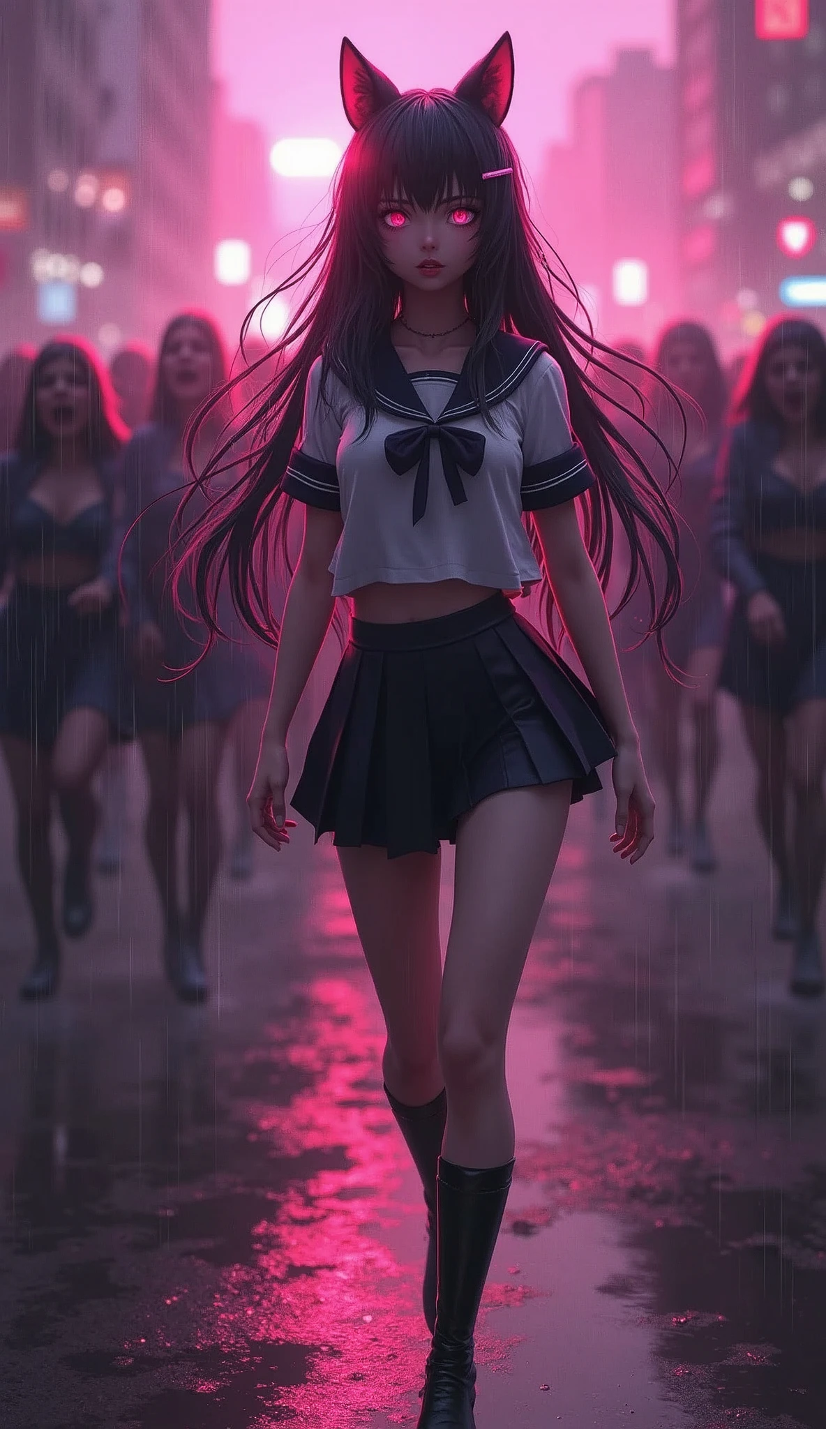 photorealistic,Realistic illustration in Modelshoot style,((masterpiece)),((The best quality)),((Ultra Quality)),((ultra detailed)),((1girl long white hair)),((Only)),((waifu:1.5)),Perfect anatomy,perfect hands,beautiful cuerpo,beautiful_method,ulzzang-6500-v1,e-chica,((Exceptionally Beauty Waifu Princess Tifa Lockhart running terrified in a devastated city being chased by a group of horrible and scary zombies)),(((zombis,A crowd of horrible and terrifying zombies watching and running after her piled up with each other to catch up with her...))),in a cosplay,wet clothes,Woman body set big breasts, ((Wolf Ears)), ((Sexy School Girl Uniform, Sailor Miniskirt, Pantyhose, High Heels)),((bright-pink_eyes)),long wavy hair, ((white hair)),hair clips,eyeliner,cute makeup,lipstick,Glossy lipstick,with a look of terror, worry and sadness,((eyes detallados perfectos)),rainy with fog outside,evening,pink theme,bioluminiscencia,light particles,((Extremely CG Unity 8K Wallpaper)),((cinematic lighting,Best quality lights)),intricate details,Suave,sharp focus,Extremely beautiful and aesthetic,Octane rendering,Full length portrait,damp skin,((Perfect detailed body)),