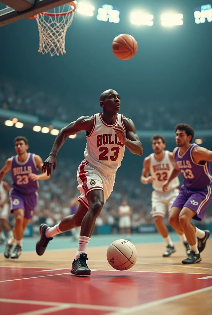 A combination of the Real Madrid football team from Spain with the image of Michael Jordan scoring a basket