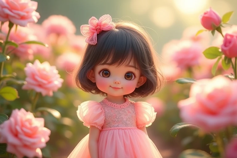 8k, Bokeh photo, Fujifilm, style photo of a cute child as stick noodles in a garden of light pink roses (highly detailed skin: 1.2) have cute eyes, wearing a dress from the stick noodles packages, film granulation, 35mm, cute style