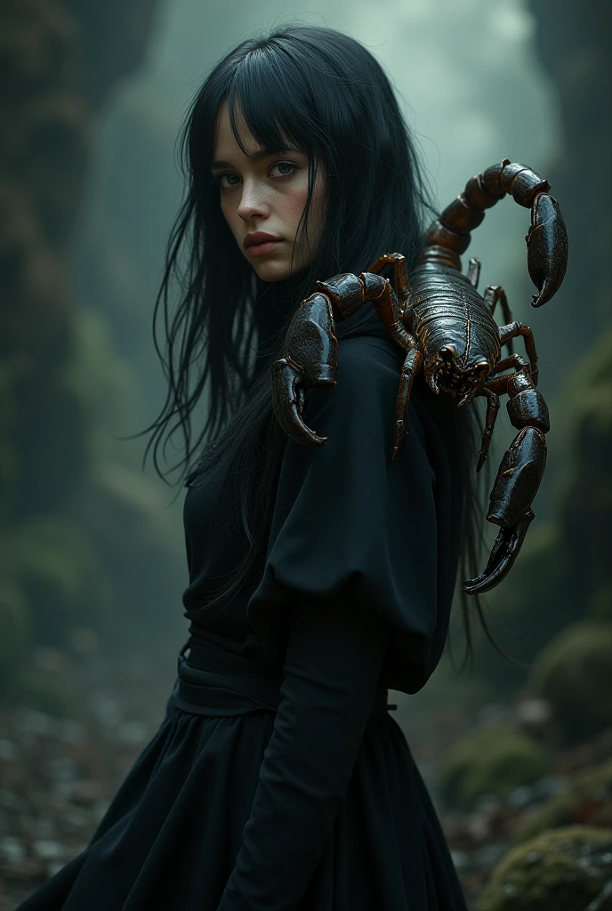 Zodiac sign of a girl "Scorpio" A scorpion sits on the shoulder, creating a gloomy atmosphere.