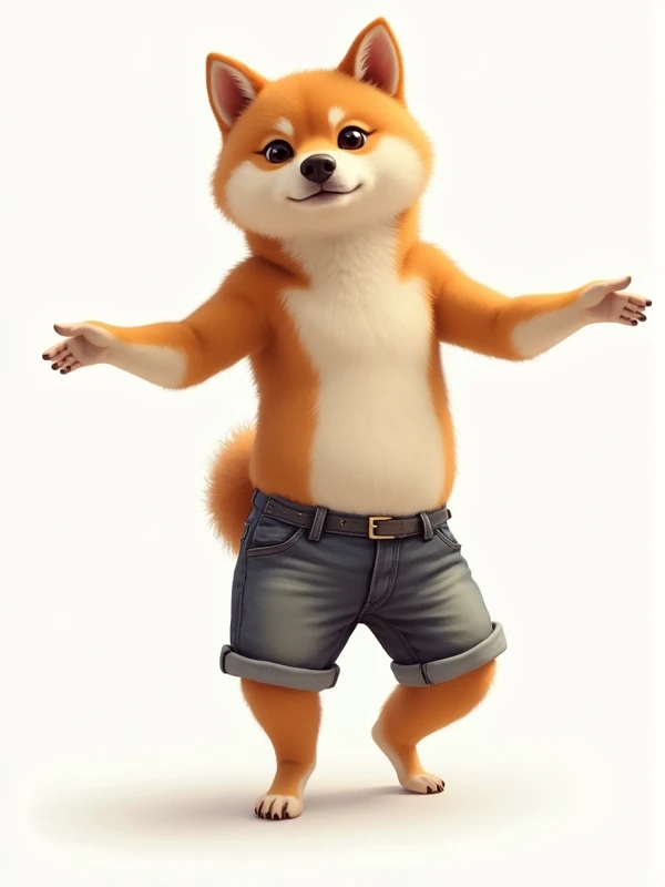 He's a Shiba Inu dancer、Cool pose、He has the cutest appearance in the world.、Background is white、Bipedal、looking at the camera、More realistic Shiba Inu、Have them wear stylish shorts.、Hands spread out on both sides、Make it look more like a real Shiba Inu