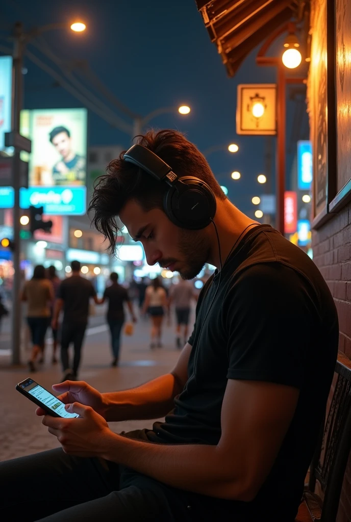 (photorealism:1.2), a handsome young man((Ariel Noah is the vocalist of the band.)), He was sitting with his head bowed, looking at the phone he was holding., black slim fit shirt, heaDphones, front camera, the street light shines on him, at a small cafe on the edge of the road at night, crowded with people, muda mudi, street lamps, a billboard, poster, road sign, traffic lights, electric pole, direction sign