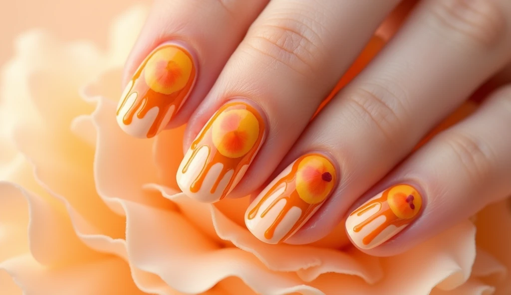 **Apricot Drip Nail Art:** Inspired by the juiciness of ripe apricots, this design features apricot slices at the tips of the nails with dripping juice patterns flowing down towards the base. The drips are in warm shades of orange and golden yellow, blending into a pale apricot-colored background. The background itself has subtle shading to mimic the soft, velvety texture of an apricot, giving the nails a juicy, mouthwatering look.