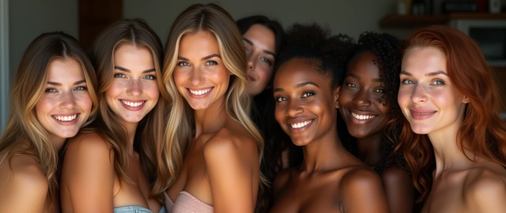 Group of twenty beautiful girls, blondes, brunettes, redheads, asians, africans, super happy, partying, perfect faces, perfect eyes, naked, nipples exposed, crowded together, kissing