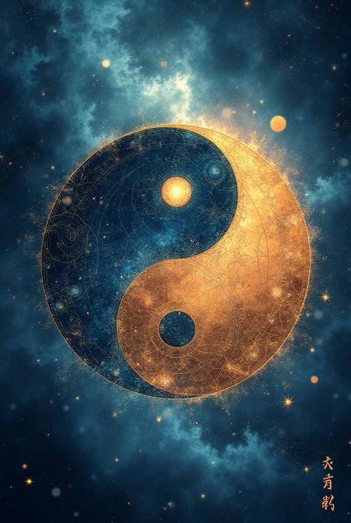 Give me the image with cosmic background the ying-yon sign in the horoscope style .The six and one will be hidden consists in that image