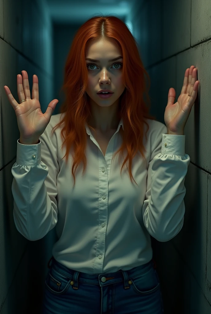 photorealistic, 8k, high quality, cinematic lighting, vibrant colors, detailed textures,one girl, wearing white buttoned long sleeve, tucked in a blue jeans, hands up, back against a cement wall, very dark basement, scared face, ((looking at the viewer)), hands are raised upward, red head, Brazilian,