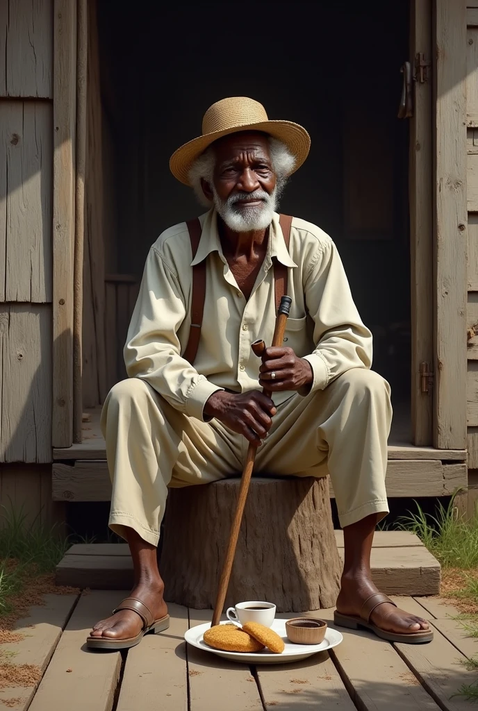 A man of advanced age, at least 75 years old, black with curly hair and white skin, sitting on a tree stump with his straw hat, this man lived as a slave and was freed, he has a cane and wears period clothing, In one hand he holds his cane resting on the ground and in the other he holds his pipe, Between his feet is a plate with a small white cup with black coffee inside it and a cornmeal cake, He is on the porch of his wooden house