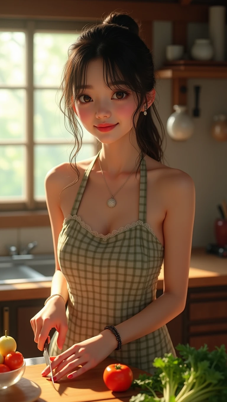 (32K:1.9, Highest quality, masterpiece, Ultra-high resolution, Professional random angle camera work:1.5, Very detailedな肌と顔の質感:1.4), Always accurate, Very detailed, ((19-year-old Japanese wife, Busty on the verge of collapse, A small face with ultimate beauty, Cooking in the kitchen:1.6, The morning light illuminates the hut, Wearing only a gingham apron, naked.:1.7, Incredibly slim body:1.5, areola is not visible)), Fair skin, elegant, sense of cleanliness, Vegetable cutting pose, (Big eyes that exude beautiful eroticism:0.4, A shy smile:1.0, I love you with all my heart:0.8, Please open your mouth a little, lipstick, Feel the beautiful eroticism:0.9), (Wet dark brown messy hair), Earrings, necklace, bracelet, (romantic, artistic, mysterious), Object of admiration, original, dramatic, Innovative, charm, Heartful, Fancy, sense of openness, special, exciting, Extreme, Tilt, sense of loss, fun, Expression of enjoyment, (((若さのcharm, 女性的なcharm)))