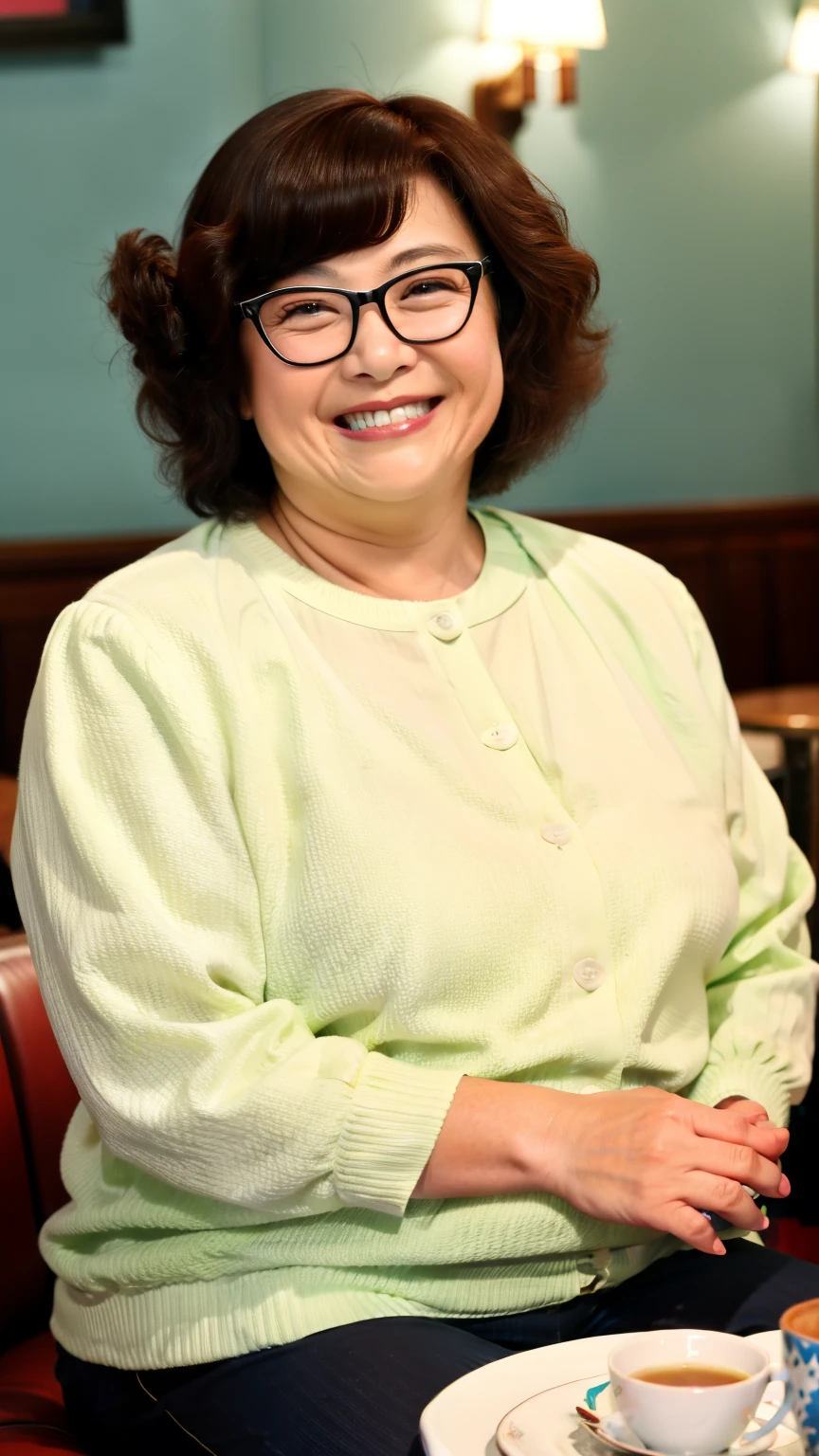 8k wallpaper, masterpiece, Highest quality, Very detailed, One Mature Woman, 50 years old, Become very clear, Wearing a short-sleeved knit, Skin dents, Captivating smile, Looking at the audience, No lapel microphone, Plump, Curvaceous, Attractive face, Smiling with teeth showing, I was happy, sitting in a cafe, Background Blur