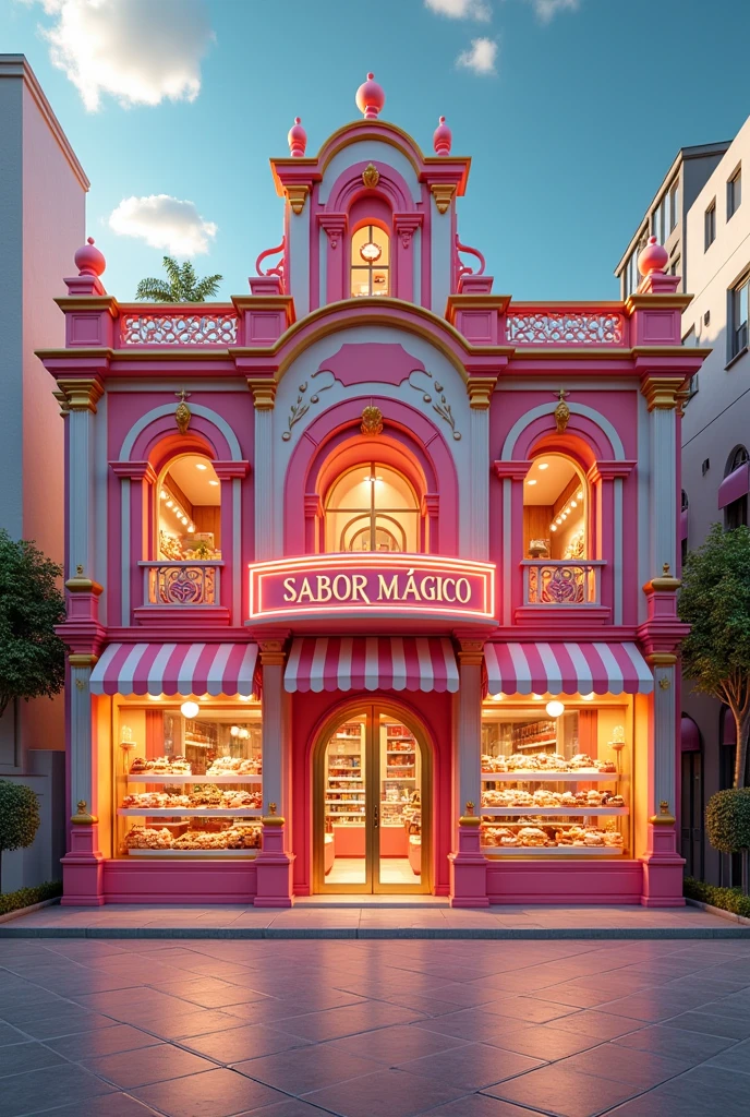 make a front of a large candy store with the name Sabor Magico with the window displaying cakes, cupcake, cakes and other types of desserts with a structure inspired by a more realistic Brasília