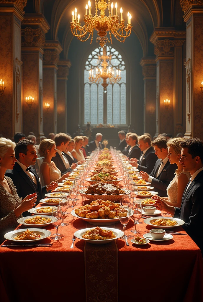 a dinning room in luxurious castle that has many dishes on a table