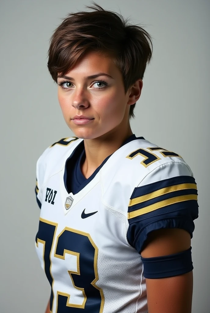 A photo of Kasey Barrett, a running back for the female Notre Dame Fighting Irish football team. Number 72. Brunette pixie cut