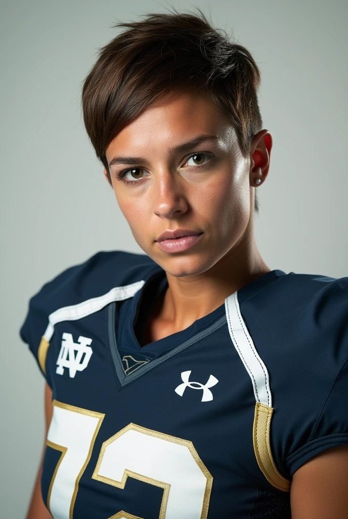 A photo of Kasey Barrett, a running back for the female Notre Dame Fighting Irish football team. Number 72. Brunette pixie cut